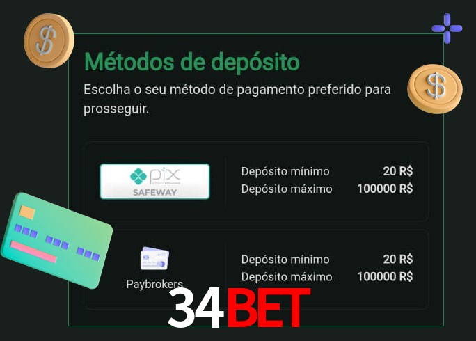 O cassino 34BET oferece uma grande variedade de métodos de pagamento